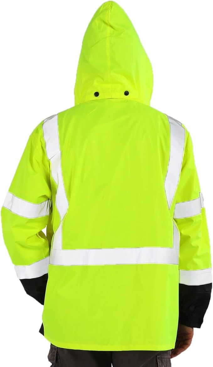 sesafety Hi Vis Rain Jacket, Rain Suits for Men Waterproof withBlack Bottom, Rain Coats for Men Interior Mesh, Class 3 HighVisibility Rain Gear,Removable Hood