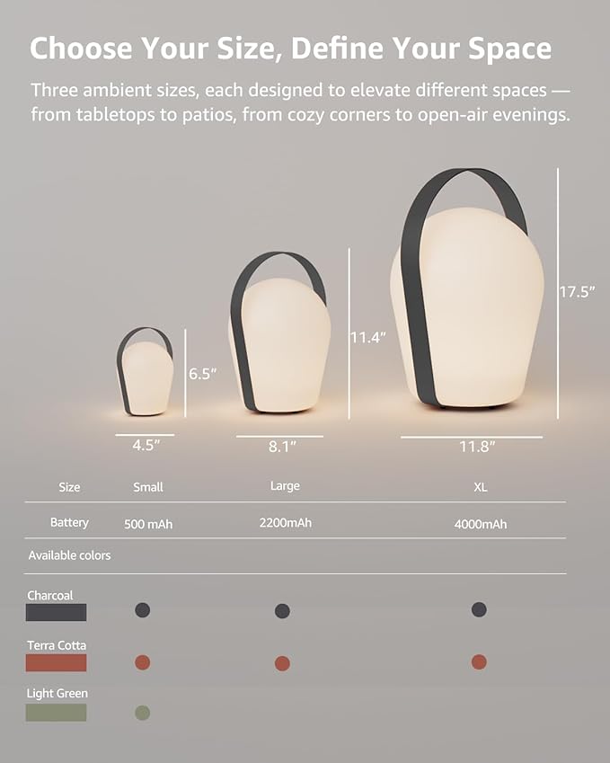 Outdoor Floor Lamps,Patio Lights Outdoor Waterproof,Cordless Lamp for Patio Decor,IP65 Waterproof Lamp,2200 mAh Rechargeable Li-ion Battery Outdoor Lantern,Outdoor Table Decor,Charcoal,Large