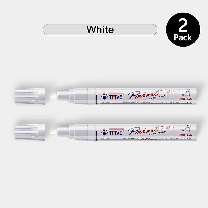 TFIVE White Permanent Paint Marker Pens - 2 Count Oil Based Marker Pen, Medium Tip, Waterproof & Quick Dry, for Office, Art projects, Rock Painting, Ceramic, Glass, Wood, Plastic, Metal, Canvas