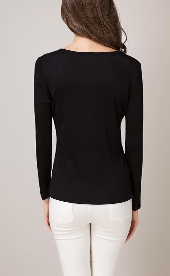 METWAY Women's Mulberry Silk T-Shirt Long Sleeve Pure Silk tee Shirt/Crew Neck Silk Blouse Undershirt