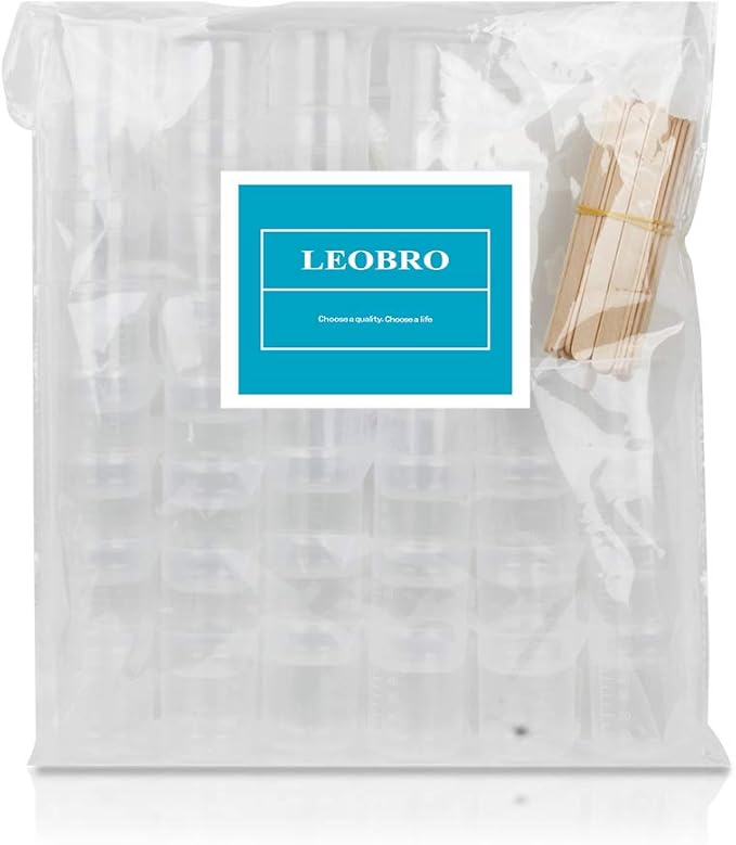 LEOBRO 50ml/1.7oz Epoxy Mixing Cups, 38PCS Graduated Epoxy Resin Cups, Pouring Cup, Plastic Beakers Measuring Cup for Resin, Epoxy, Acrylic Paint, with 40 PCS Wood Craft Sticks