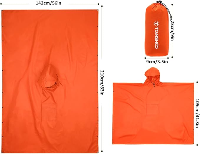 TOMSHOO Multifunctional Raincoat with Hood Hiking Cycling Rain Cover Lightweight Poncho Rain Coat Outdoor Camping Tent Mat