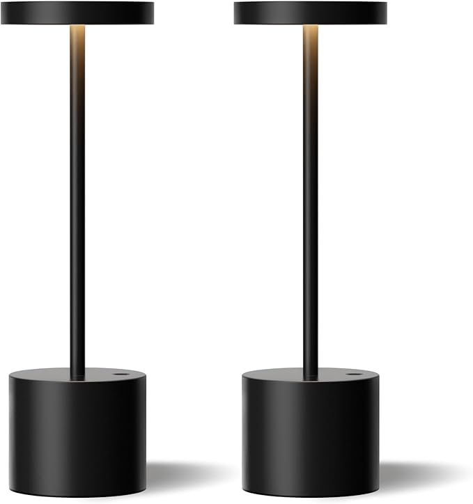 Black Cordless Table Lamp, 4000mAh Rechargeable Battery Powered Lamps, 3 Color Stepless Dimming, LED Wireless Outdoor Lamps for Dining Room, Bedroom, Bar, Cafe, Restaurant, Patio, Camping, Set of 2