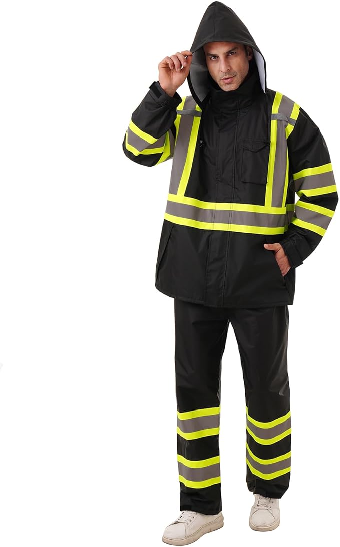 Hi Vis Safety rain Jacket,Reflective Class 3 Rain coat with Inner Mesh Lining and Pockets High Visibility Waterproof work Rain Suits for men&women(Black,4XL/5XL)