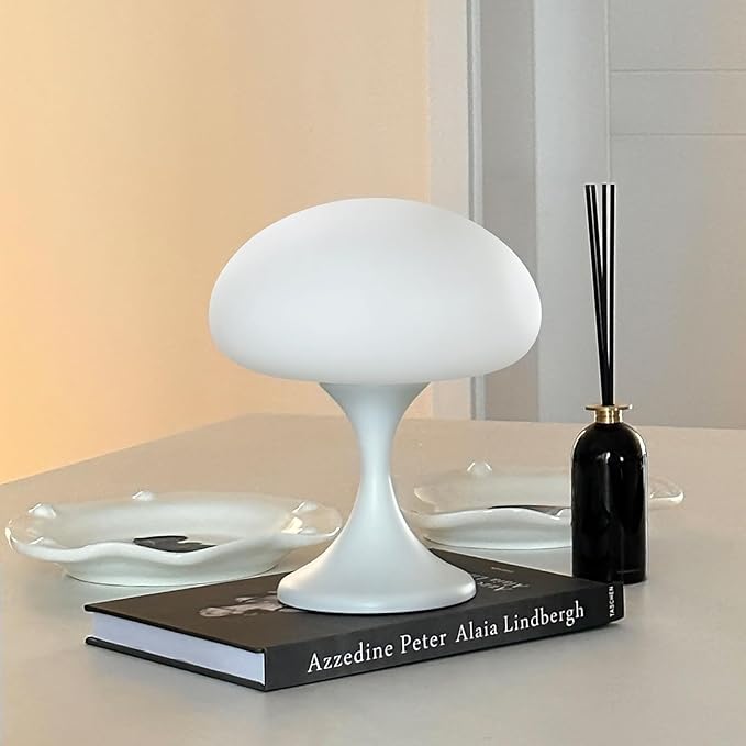 Mushroom Lamp, 5W LED Cordless Rechargeable Table Lamp with Glass Shade, Small Retro Dimmable Touch Light with 3 Color Temps, Aesthetic Mid Century Bedside Light for Bedroom Ambient, White