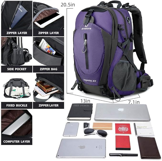 FENGDONG 40L Waterproof Lightweight Hiking,Camping,Travel Backpack for Men Women Purple