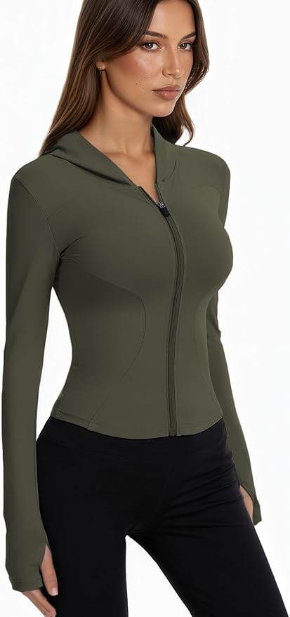 Women Bbl Jackets with Hood Compression Workout Tops Lined or Unlined Lightweight Yoga Gym Jacket with Thumb Hole