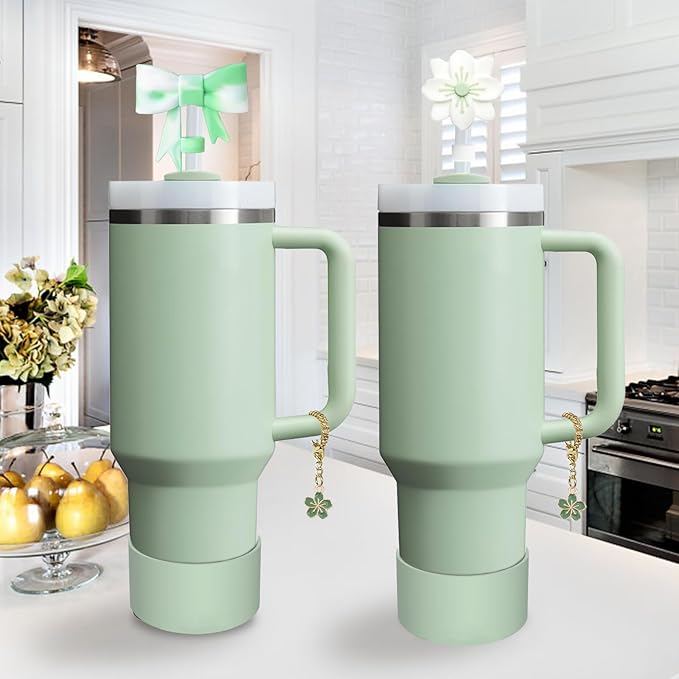 Stanley Cup Accessories Set,Including 2 Pcs 0.4in Straw Cover, 1 Silicone Spill-Proof Stopper Set of 3, 1 Cute Flowers Handle Charm, 1 Silicone Boot Fits Stanley 40&30 Oz Tumbler (Matcha Cream)