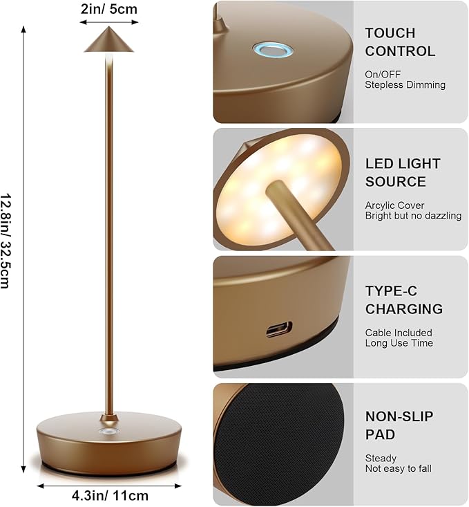 Rechargeable Cordless Table Lamp, Portable Powered LED Battery 6000mAh Metal USB Desk Lamp, 3 Levels Brightness Light for Restaurants Outdoor (Titanium)