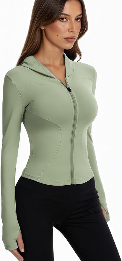 Women Bbl Jackets with Hood Compression Workout Tops Lined or Unlined Lightweight Yoga Gym Jacket with Thumb Hole