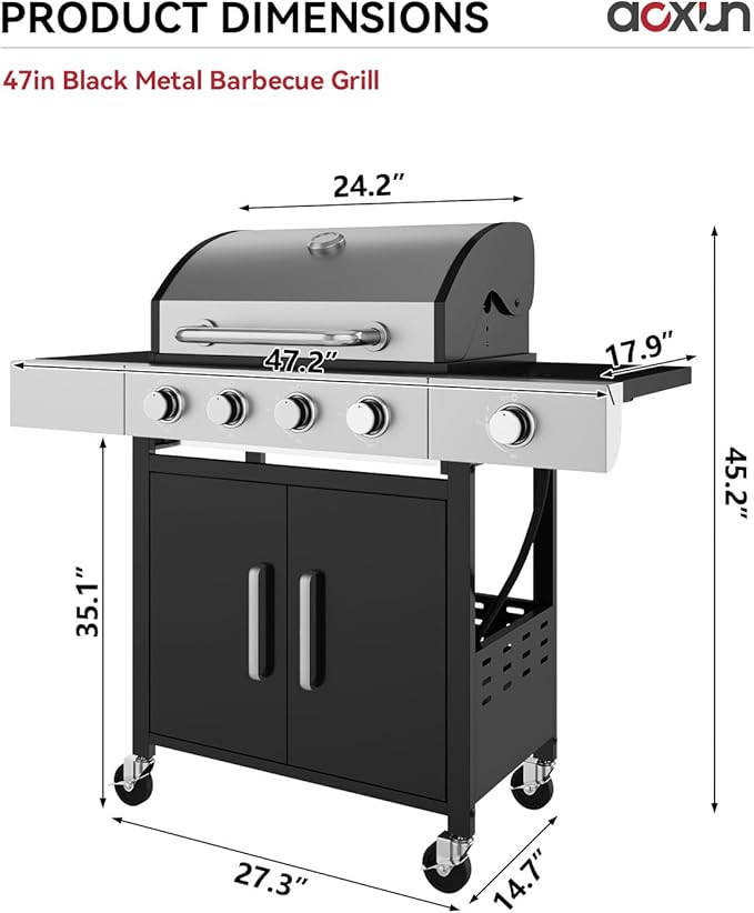 Aoxun 4-Burner Propane Gas BBQ Grill with Side Burner, 49000 BTU, Stainless Steel Outdoor Grill with Cast Iron Grates & Side Tables for Backyard, Patio, Camping
