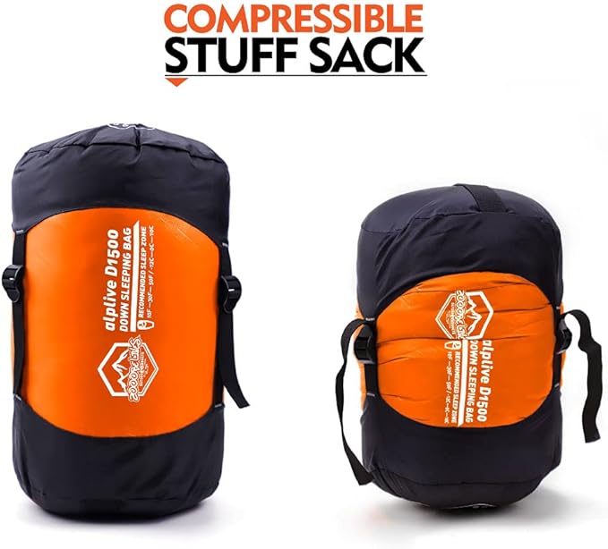 ZOOOBELIVES 10 Degree F Hydrophobic Down Sleeping Bag for Adults - Lightweight and Compact 4-Season Mummy Bag for Backpacking, Camping, Mountaineering and Other Outdoor Activities – Alplive D1500