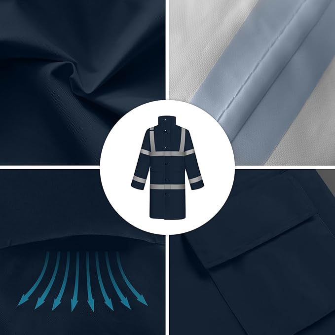 TCCFCCT Rain Suits Heavy Duty Rain Jackets with Hood, Waterproof, Hi Vis, Long Safety Coats for Women & Men, Navy Blue, XL