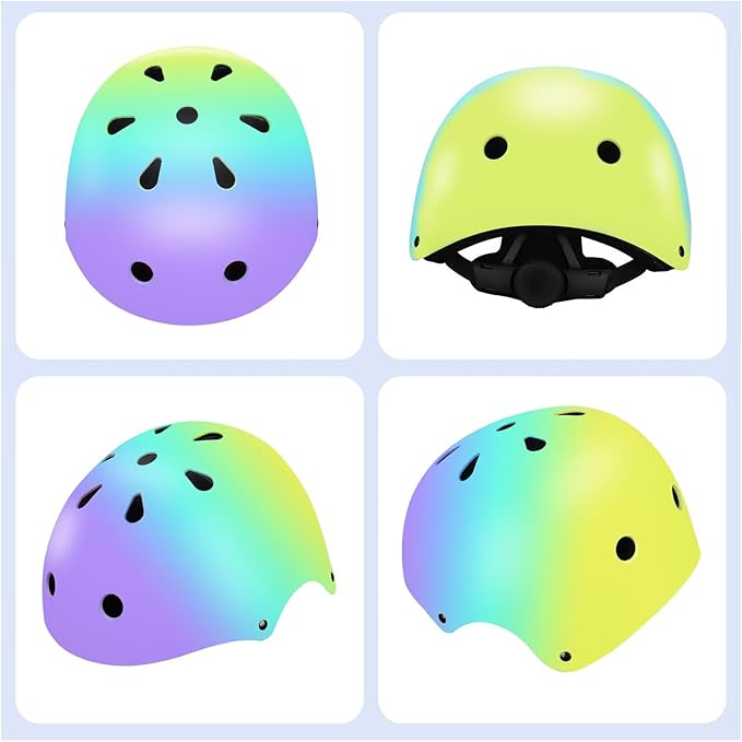 Color Gradient Adjustable Kids Bike Helmet with Knee & Elbow Pads Set | Multi-Sport Safety Gear for Boys & Girls Ages 5-14 | Skateboarding, Scooters, Roller & Inline Skating, Longboarding