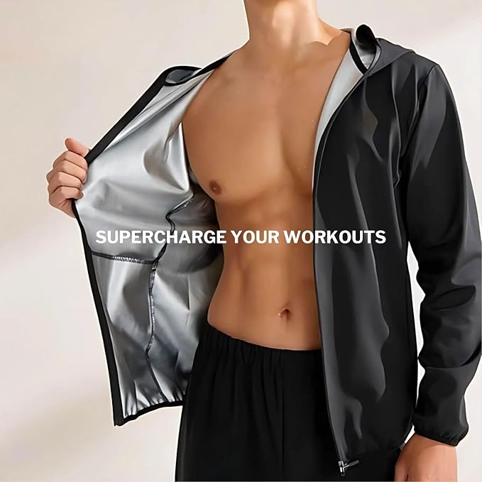 Sauna Jacket Top Weight Loss Sweat Suit Shirt Hoodie Workout Exercise Men