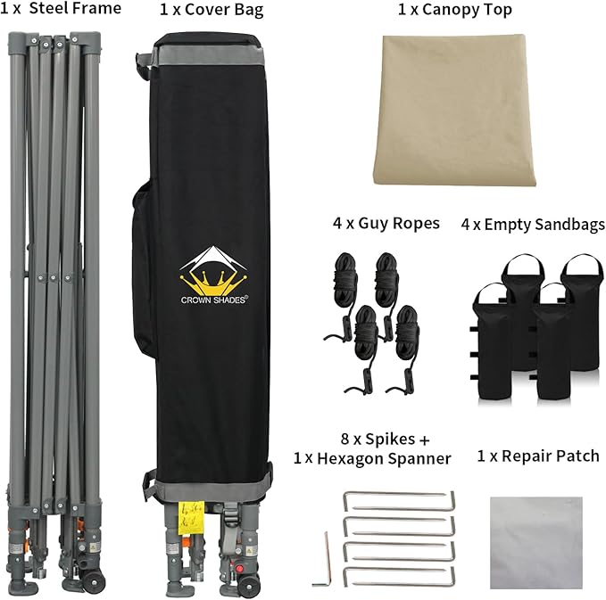 CROWN SHADES Adjustable Height on The Fly, 10x10 Pop Up Canopy - Beach Tent with One Push Setup - Easy Outdoor Sun Shade for Events, Parties, Camping - Outside Shade with STO-N-Go Bag, Khaki