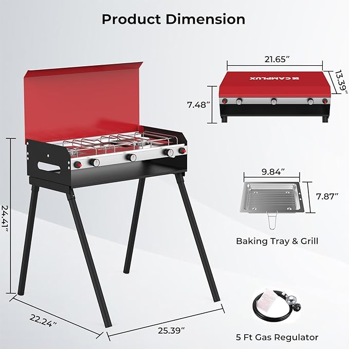 CAMPLUX 2 Burners & 1 Grill Propane Camping Stove, 15,000 BTU Portable Outdoor Propane Camping Grill Burner with Free Standing Legs, Auto-Ignition Gas Stove with Regulator, Red