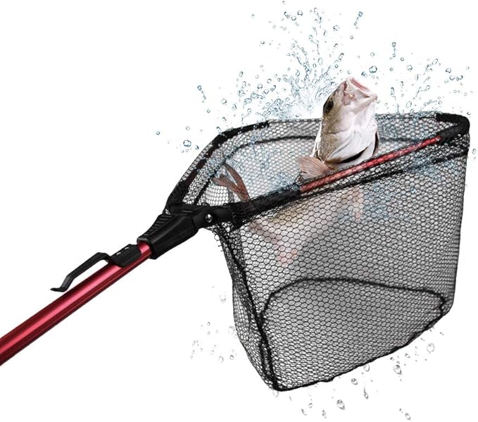 YVLEEN Folding Fishing Net - Foldable Fish Landing Net Robust Aluminum Telescopic Pole Handle and Nylon Mesh 16inch Hoop Size