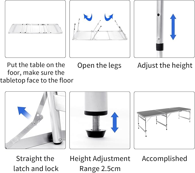 Camping Table 6FT Folding Table Large 3 Adjustable Height Portable Picnic Camp Aluminum Outdoor Table Picnic BBQ Black