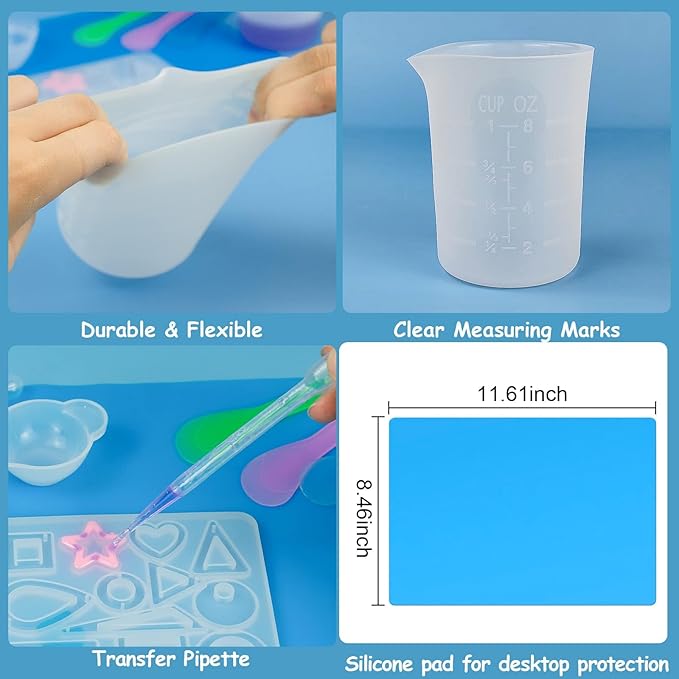 Creahaus Silicone Measuring Cups Tool Kit for Resin, Non-Stick 250 & 100ml Epoxy Mixing Cups, Reusable Resin Supplies with Silicone Mat, Stir Sticks, Pipettes, Cups for Molds, Jewelry Making