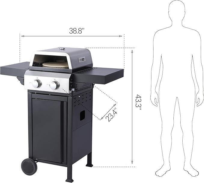 2-Burner Propane Gas BBQ Grill, Pizza Box, 24600BTU Output With Wire Enamel Cooking Grids For Outdoor Barbecue, Foldable Side Table, Hanging Basket, Stainless Steel