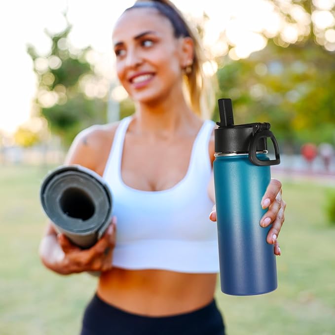 Volhoply 16 OZ Kids Water Bottle Bulk 4 Pack,Insulated Sports Bottles with Straw Lid,Stainless Steel Bottle with Handle Keep Cold & Hot,Double Wall Vacuum Tumbler Cups for School(Dark Night, 4)