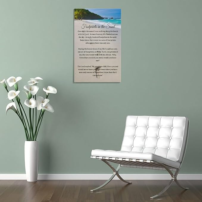 Footprints in the Sand Religious Canvas Wall Art Posters, Inspirational Beach Sunset Poem Print Poster (Framed 24x36inch, Footprints(4))