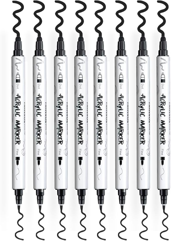 TRANSON 8 Pack Black Bold and Fine Dual-tip Acrylic Paint Marker for DIY Glass Canvas Wood Leather Ceramic Rock Painting