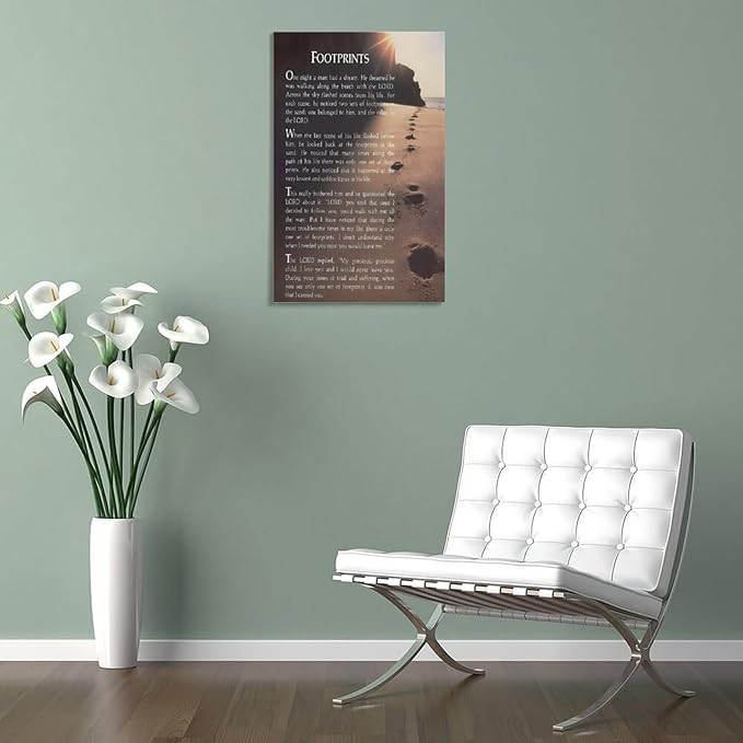Footprints in the Sand Religious Canvas Wall Art Posters, Inspirational Beach Sunset Poem Print Poster (Framed 16x24inch, Footprints(7))