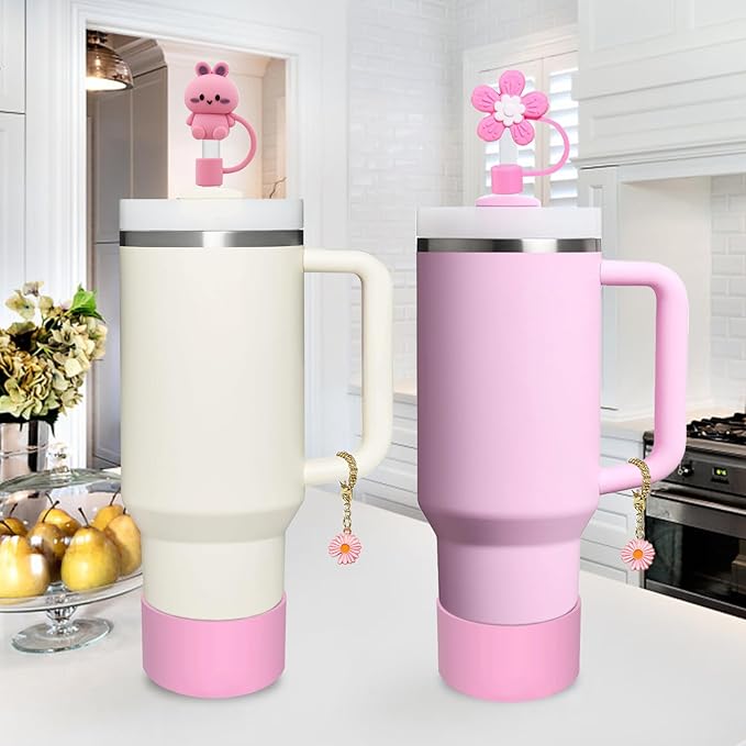 Stanley Cup Accessories Set,Including 2 Pcs 0.4in Straw Cover, 1 Silicone Spill-Proof Stopper Set of 3, 1 Cute Flower Handle Charm, 1 Silicone Boot Fits Stanley 40&30 Oz Tumbler (Lavender Pink)