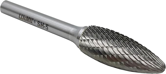 SH-5 Tungsten Carbide Burr Rotary File Flame Shape Double Cut (1/2” Cutter Dia X 1-1/4”Cutter Length) with 1/4'' Shank Dia by LU&MN