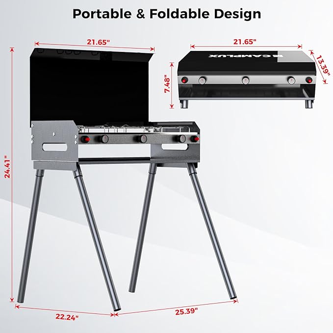 CAMPLUX 2 Burners & 1 Grill Propane Camping Stove, 15,000 BTU Portable Outdoor Propane Camping Grill Burner with Free Standing Legs, Auto-Ignition Gas Stove with Regulator, Black