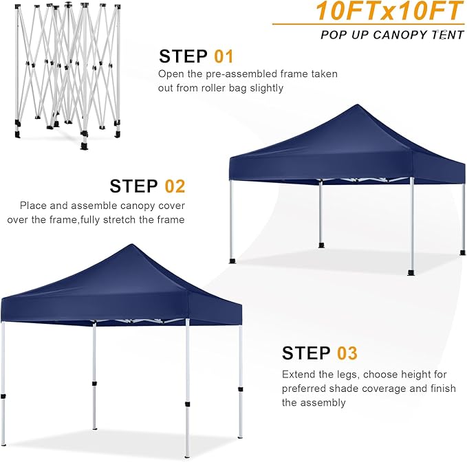 Pop Up Canopy Tent 10x10 for Outdoor Heavy Duty Commercial Instant Sun Shelter,with Wheeled Carry Bags,4Ropes and Stakes and 4 sandbags,Navy Blue