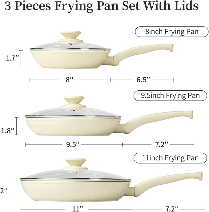 Granite Nonstick Cookware Set - 3 Pcs Induction Skillets, Egg & Omelette Frying Pans with Lids, Healthy, No Toxic, PFOA Free