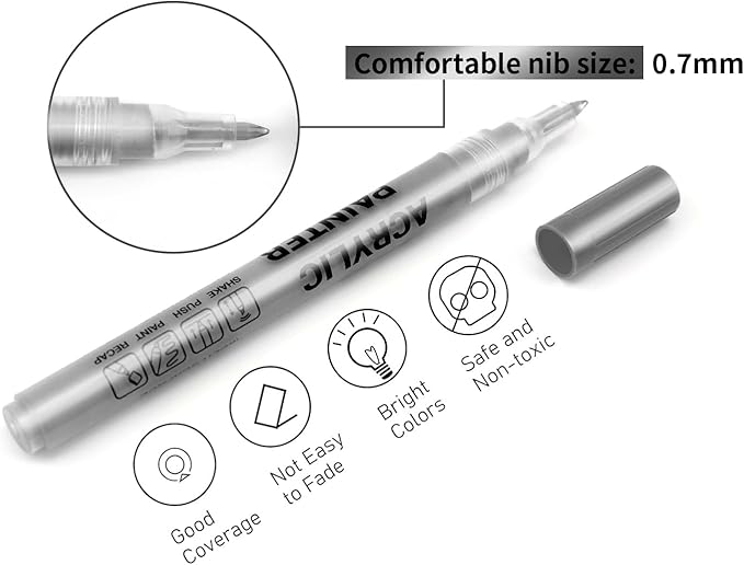 Acrylic Paint Pens Waterproof Markers 6 Silver Permanent Marker Pens Acrylic Pens for Rock Painting Glass Stone Ceramic Metal Fabric Pebble Painting pens Craft Supplies