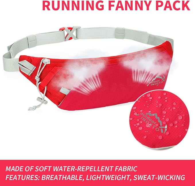INOXTO Slim Running Belt Fanny Pack for Women and Men Sports Waist Bag Pack with 300ml Water Bottle for Running Walking Cycling Hiking Reflective Running Pouch Belt for All Phones (Red)