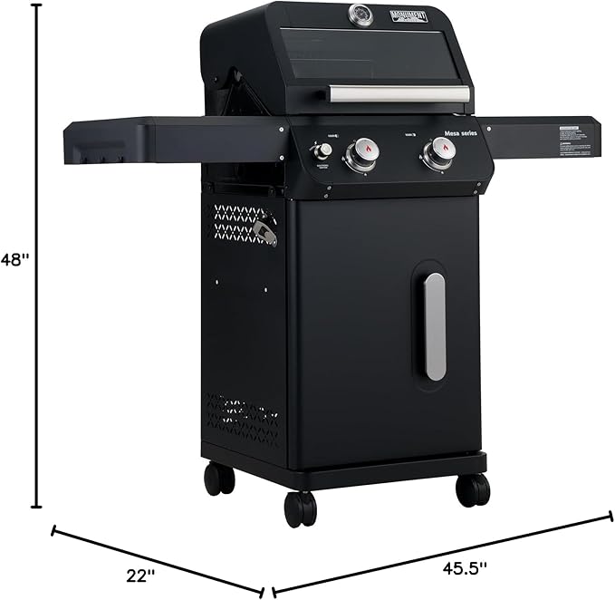 Monument Grills 2-Burner Foldable Stainless Steel Liquid Propane Gas Patio Garden Barbecue Grill with Clearview® Lid, Knob Control Mesa220 with BBQ Cover