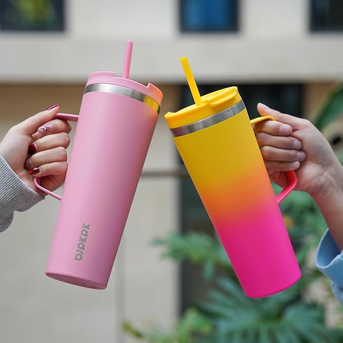 BJPKPK Insulated Tumbler with Handle, 30oz Insulated Tumblers with Lid and Straw, Stainless Steel Metal Water Bottles, Coffee Travel Mugs, Cups, Pink & Yellow Rose