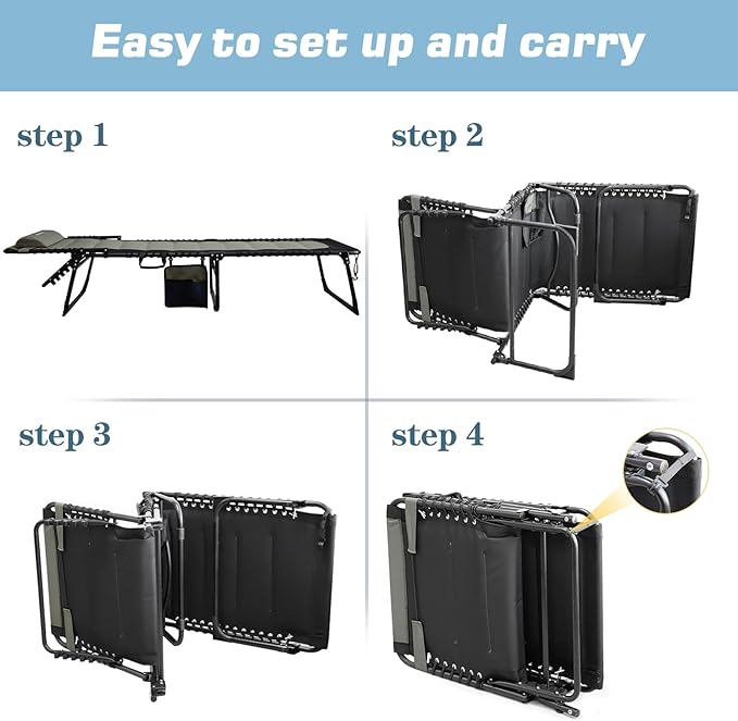 Oversized Padded Outdoor Folding Lounge Chair for Adults 330Ibs Patio Chaise Lounge for Outside 5-Position Adjustable Reclining Beach Chair with Pillow Pocket