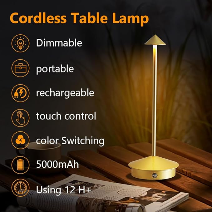 Cordless Table Lamp, 5000mAh Rechargeable Battery Powered LED Desk Lamp, Portable Touch Control Outdoor Table Lamps,3 Color Dimmable Light for Restaurant, Patio, Bedroom, Night Lamp (Gold)