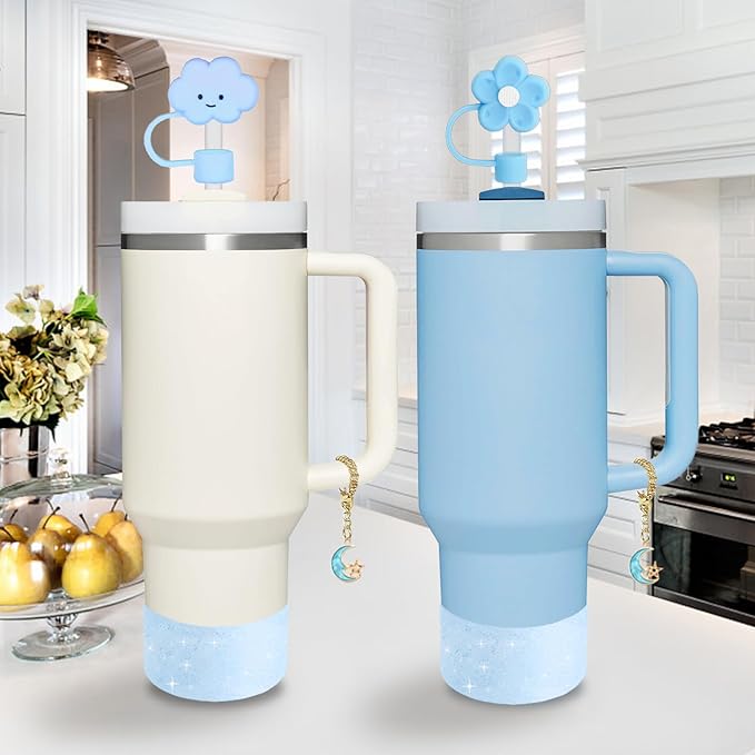 Stanley Cup Accessories Set,Including 2 Pcs 0.4in Straw Cover, 1 Silicone Spill-Proof Stopper Set of 3, 1 Cute Moon Handle Charm, 1 Silicone Boot Fits Stanley 40&30 Oz Tumbler (Blue 2.0)