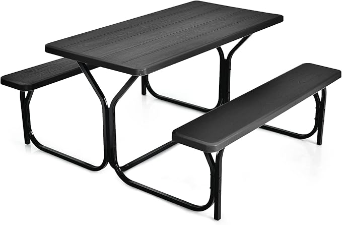 Tangkula Picnic Table Bench Set, Outdoor Picnic Table with 2 Benches, Metal Camping Table with Plastic Wood-Like Texture Tabletop & Steel Frame, Ideal for Picnic, Party, Garden, Lawn (Black)