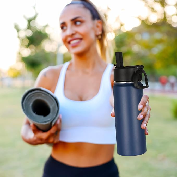 Volhoply Kids Insulated Water Bottle with Straw,16oz Stainless Steel Cold Water Bottles for School,BPA-Free Metal Wide Mouth Cups with Handle Lid,Reusable Double Wall Vacuum Sport Flask(Navy,1)