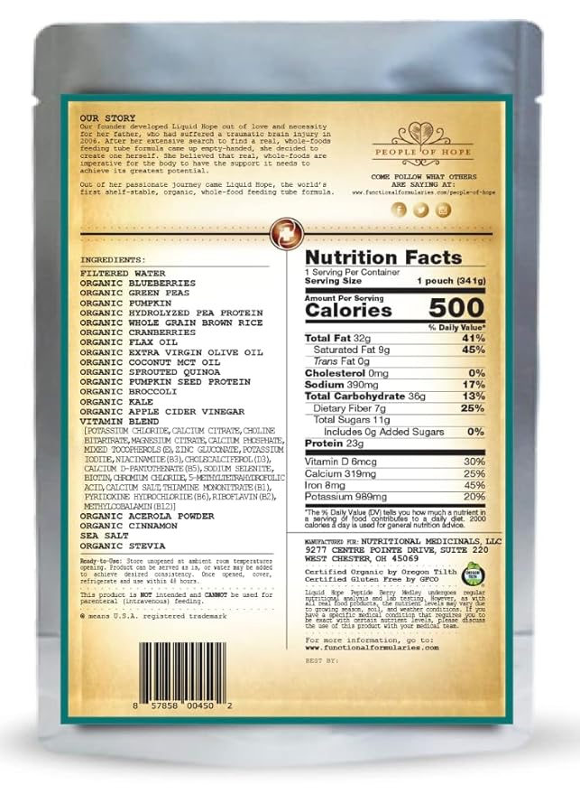 FUNCTIONAL FORMULARIES Liquid Hope Orgainc Peptide, Berry Medley, Tube Feed Formula, 23 g Protein, 7g Fiber, Meal Replacement, 12 Oz (24 Pack)