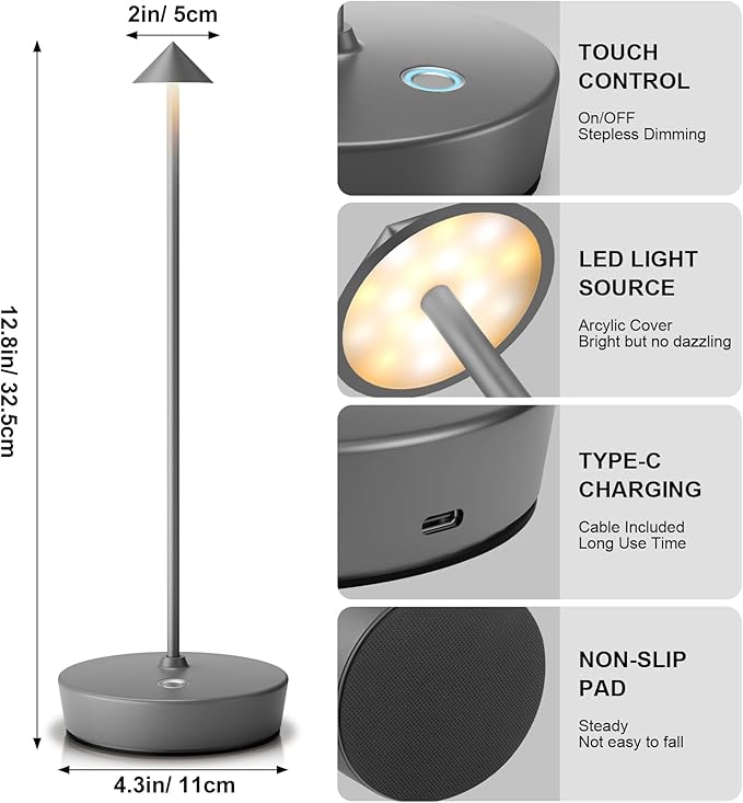 2Pack Rechargeable Cordless Table Lamp, Portable Powered LED Battery 6000mAh Metal USB Desk Lamp, 3 Levels Brightness Light for Restaurants Outdoor (2pack Gray)