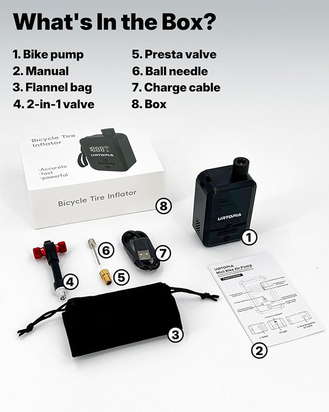 URTOPIA Electric Bike Pump, Fast Inflation Air Pump with Gauge, Up to 150PSI, Efficient Heat Dissipation, Rechargeable, with Bright LED Light, Portable Bicycle Pump for Road Bike, Motorcycle, Ball