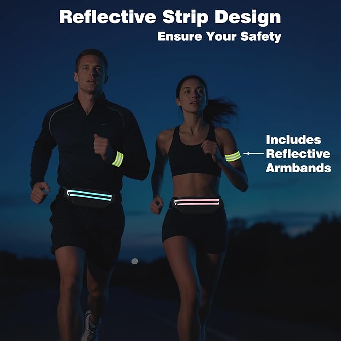 Slim Running Belt Fanny Packs for Women Man,Adjustable WaterProof Running Pouch Waist Bag for Workout Jogging,Elastic Phone Holder for Runner Comes with Reflective Armbands