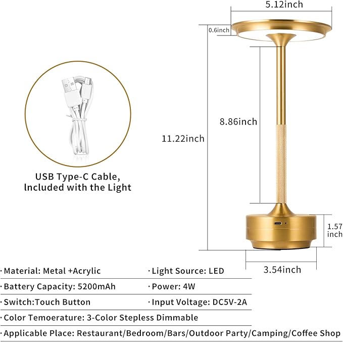 Rechargeable Cordless LED Table Lamps Touch Sensor Light, 3-Levels Portable Dimming Wireless Battery Operated Lamp,Nightstand Lamp/Night Light/Restaurant Table/Outdoor/Coffee/Bar (Gold)