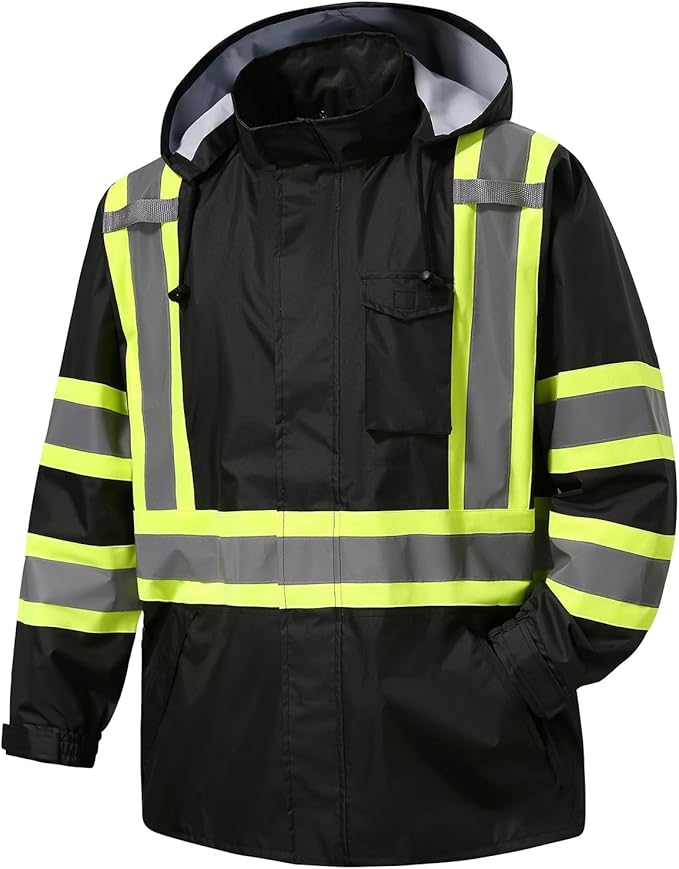 Reflective Rain jackets for men waterproof,Hi Vis Safety Coat With Reflective Strips,High Visibility Class 3 Rain jackets With 2 large pockets,Zipper,Black ,SM/MD