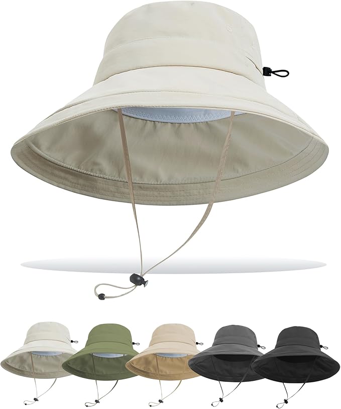 Sun Hats for Women Men UV Protection Wide Brim Bucket Hat with Ponytail Hole Waterproof Gardening Fold-Up Summer Cap